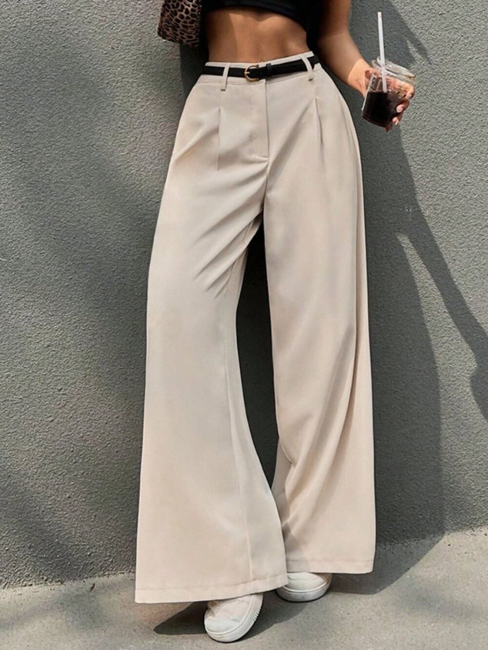 Beige Casual Women's Pleated High Waist Belted Wide Leg & Pants - Picture 6 of 6